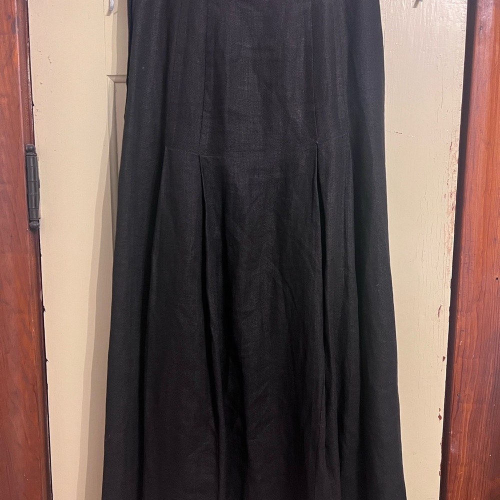Vintage Black Linen Midi Skirt with Pleats